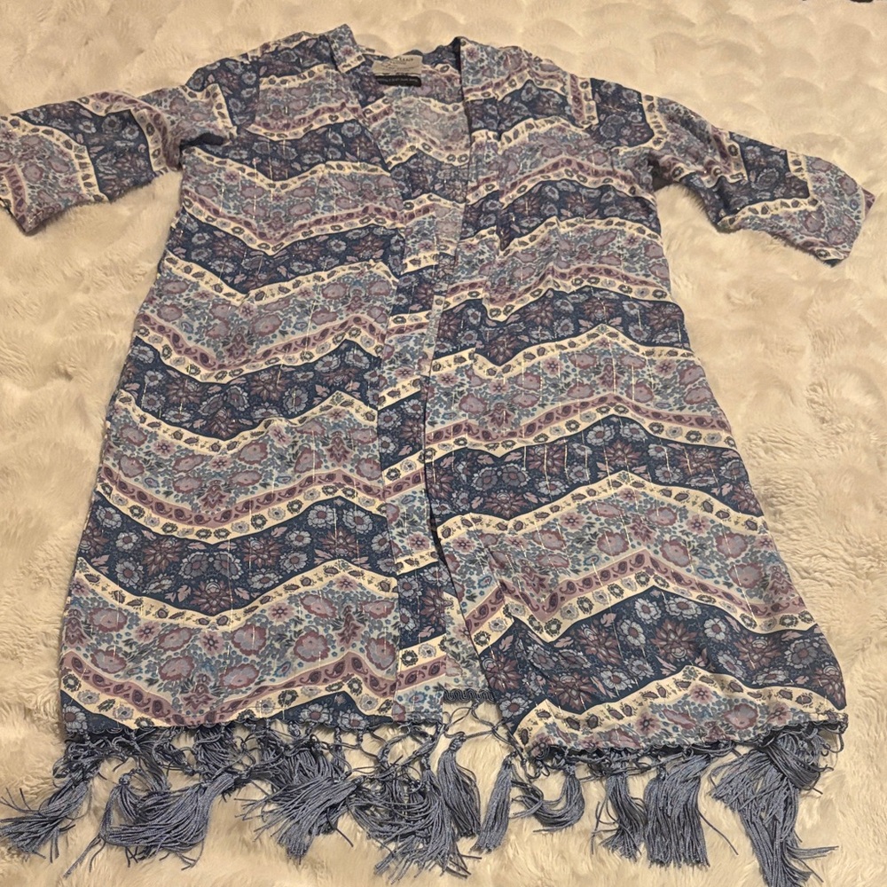 Boho Floral Chevron Tassel Kimono Cardigan – Blue/Purple Mixed Print size L